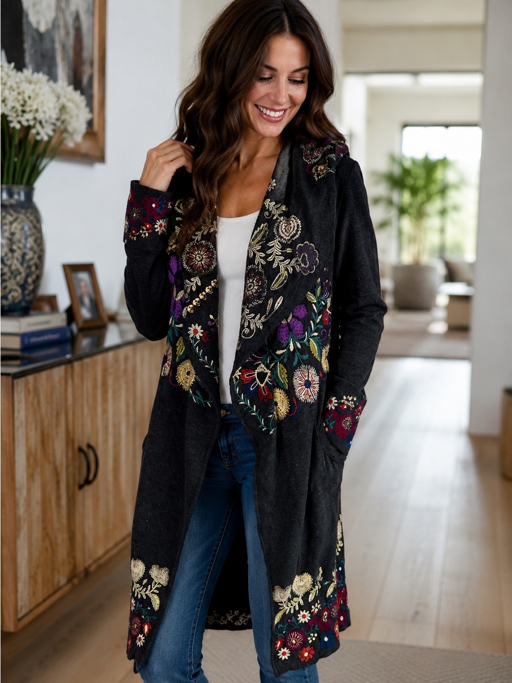 Johnny Was Biya Grey Embroidered Hooded Duster Cardigan XS Boho Floral Cotton